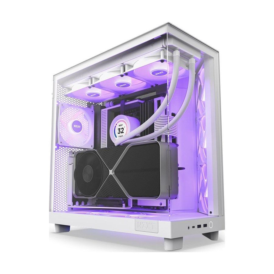 Game-pc in ijswit, tot in de kabels-look, kast als de NZXT H6 Flow RGB wit, foto fabrikant ter illustratie